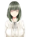  1girl absurdres bangs black_ribbon blouse bob_cut breasts closed_eyes closed_mouth eyebrows_visible_through_hair eyelashes facing_viewer flowers_(innocent_grey) green_hair hair_strand highres huge_breasts lips medium_hair mole mole_on_neck neck_ribbon noocmi ribbon simple_background smile solo takasaki_chidori upper_body white_background white_blouse 