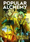  1boy 1girl absurdres albedo_(genshin_impact) alchemy alternate_costume aqua_gloves blurry braid brown_hair character_name chemistry commentary contemporary cover depth_of_field elbow_gloves english_commentary english_text gas_mask genshin_impact glasses gloves green_eyes green_hair hazmat_suit highres laboratory looking_at_another magazine_cover mask mask_on_head multicolored_hair orange_eyes parted_lips queenieo semi-rimless_eyewear single_braid slime_(genshin_impact) stasis_tank streaked_hair sucrose_(genshin_impact) test_tube two-tone_hair vision_(genshin_impact) 