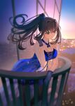  1girl absurdres aozaki_aoko bare_shoulders black_gloves blue_dress blue_eyes blush breasts brown_hair choker cleavage dress gloves hair_intakes high_ponytail highres large_breasts light_(nightty45) long_hair mahou_tsukai_no_yoru sidelocks smile solo 
