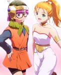  2girls belt bike_shorts blonde_hair blue_eyes breasts chrono_trigger glasses green_eyes helmet koodai_(nora_shichini) long_hair looking_at_viewer lucca_ashtear marle_(chrono_trigger) multiple_girls open_mouth ponytail purple_hair scarf short_hair simple_background smile 