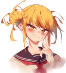  1girl bangs blonde_hair blue_sailor_collar blush boku_no_hero_academia collarbone commentary double_bun hair_up hand_on_own_face highres messy_hair neckerchief rasusurasu red_neckerchief sailor_collar school_uniform serafuku shirt sidelocks simple_background smile solo toga_himiko v white_background white_shirt yellow_eyes 