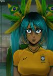  1girl 2014_fifa_world_cup bead_necklace beads blue_eyes blue_hair brazilian_flag brazilian_miku breasts brown_lips choker commentary constricted_pupils dark-skinned_female dark_skin earrings english_commentary expressionless eyeshadow facepaint feather_hair_ornament feathers flag_hair_ornament gold_earrings green_choker green_eyeshadow hair_between_eyes hair_ornament hatsune_miku highres jewelry long_eyelashes makeup mascara medium_breasts necklace nike_(company) nyuunzi pursed_lips rain rectangular_earrings reflection shirt sitting soccer_uniform solo sportswear thick_eyebrows thousand_yard_stare twintails vocaloid when_you_see_it window world_cup yellow_shirt 