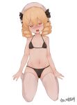  1girl \||/ ass_visible_through_thighs bad_id bad_pixiv_id bangs bare_shoulders beret bikini black_bikini blonde_hair blurry blush bright_pupils collarbone commentary_request depth_of_field doro_au drill_hair drooling eyebrows_visible_through_hair flat_chest full_body groin hair_between_eyes half-closed_eyes hat head_tilt heart heart-shaped_pupils highres looking_at_viewer luna_child medium_hair mouth_drool navel no_wings nose_blush open_mouth red_eyes round_teeth seiza simple_background sitting solo sweat swimsuit symbol-shaped_pupils tearing_up teeth thick_eyebrows thighhighs touhou upper_body white_background white_headwear white_legwear white_pupils 
