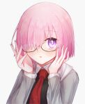  1girl :o black_dress blush dress fate/grand_order fate_(series) glasses hair_over_one_eye harukappa highres jacket looking_at_viewer mash_kyrielight necktie open_mouth purple_eyes purple_hair semi-rimless_eyewear short_hair solo under-rim_eyewear upper_body 