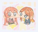  1girl 2girls bang_dream! bang_dream!_it&#039;s_mygo!!!!! biting blazer blue_eyes blue_shirt blue_skirt brown_hair cang_(akaga204) cheek_biting chihaya_anon chinese_commentary closed_mouth commentary_request green_necktie green_skirt grey_eyes grey_jacket grey_neckerchief haneoka_school_uniform highres jacket long_hair multiple_girls nagasaki_soyo neckerchief necktie parted_bangs pink_hair plaid_clothes plaid_skirt pleated_skirt school_uniform shirt sidelocks sitting skirt tsukinomori_school_uniform 