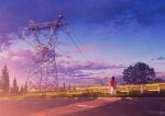  1girl bag black_hair cloud commentary_request fence field grass landscape mocha_(cotton) mountain original outdoors pine_tree power_lines red_shirt road scenery shirt short_sleeves signature skirt sky solo standing star_(sky) tree white_skirt wide_shot 