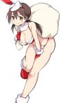  1girl animal_ears bent_over between_legs bikini boots breasts brown_eyes brown_hair buta-don cleavage gertrud_barkhorn gloves hairband hand_between_legs highres large_breasts looking_at_viewer rabbit_ears sack santa_bikini santa_boots santa_costume santa_gloves simple_background smile solo strike_witches swimsuit twintails white_background world_witches_series 