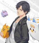  1boy black_hair black_jacket brown_eyes copyright_name dice highres jacket judge_eyes male_focus shirt smile solo sunglasses talgi upper_body white_background white_shirt yagami_takayuki 