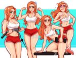  1girl artist_name blush blushy-pixy breasts cleavage commentary english_commentary green_eyes long_hair looking_at_viewer medium_breasts multiple_views navel nose_blush open_mouth orange_hair original red_(blushy-pixy) red_shorts short_shorts shorts signature simple_background tank_top thighs weightlifting weights white_tank_top 