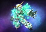  absurdres crystal dark_background full_body glowing glowing_eyes green_eyes gundam gundam_unicorn highres mecha mobile_suit no_humans nt-d open_hands outstretched_arms psycho_frame robot science_fiction sd_gundam solo spread_arms unicorn_gundam v-fin zakuma 