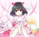  1girl :3 :x absurdres animal_ears bangs black_hair bow carrot_pillow character_doll commentary_request dress ear_bow eyebrows_visible_through_hair hair_between_eyes hair_bow highres inaba_tewi looking_at_viewer pink_background pink_dress puffy_short_sleeves puffy_sleeves rabbit_ears red_bow red_eyes reisen_udongein_inaba short_hair short_sleeves solo stuffed_animal stuffed_toy subaru_(subachoco) touhou wrist_cuffs 