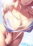  1girl :q absurdres bikini bikini_top bikini_under_clothes blue_bikini blurry bottomless bracelet breasts cleavage closed_mouth covered_nipples covering covering_crotch day depth_of_field fate/grand_order fate_(series) head_out_of_frame highres jewelry large_breasts leaning_forward lens_flare long_hair off_shoulder outdoors pink_hair queasy_s see-through shirt single_bare_shoulder smile solo strap_lift sunlight swimsuit tamamo_(fate) tamamo_no_mae_(swimsuit_lancer)_(fate) tongue tongue_out twitter_username wet wet_clothes wet_shirt 