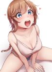  1girl absurdres bangs bare_shoulders blue_eyes blue_panties blush braid breasts brown_hair cleavage collarbone commentary_request drooling eyebrows_visible_through_hair hair_between_eyes heart highres kantai_collection kiritto large_breasts long_hair looking_at_viewer mouth_drool open_mouth panties shirt shorts simple_background sitting solo teeth teruzuki_(kancolle) twin_braids underwear upper_teeth white_background white_shirt 