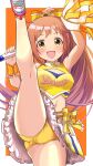  1girl arm_up brown_hair cheering cheerleader cleavage_cutout clothes_writing clothing_cutout crop_top frilled_skirt frills high_kick high_ponytail highres holding holding_pom_poms idolmaster idolmaster_cinderella_girls kicking kneepits kotojima_motoki leg_lift leg_up long_hair looking_at_viewer midriff navel open_mouth panties pantyshot pom_pom_(cheerleading) shirt shoes skirt sleeveless sleeveless_shirt smile sneakers solo underwear wakabayashi_tomoka yellow_eyes yellow_panties yellow_shirt yellow_skirt 