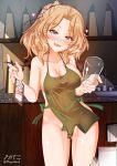  1girl apron aquaegg ass_visible_through_thighs barista blonde_hair blue_eyes blush breasts cleavage collarbone commentary_request covered_navel covered_nipples cup eyebrows_visible_through_hair girls_und_panzer glass groin heart highres holding holding_cup iced_latte_with_breast_milk_(meme) indoors kay_(girls_und_panzer) large_breasts looking_at_viewer meme naked_apron no_bra no_panties notepad open_mouth pencil shiny shiny_hair sideboob smile solo standing starbucks 