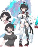  1girl :d absurdres ahoge animal_ears belt_collar black_hair black_shirt blush cat_ears closed_mouth clothes_writing collar covered_navel ear_piercing earrings fang gloves grin hair_between_eyes highres inukaze_yamu jewelry leotard looking_at_viewer mecha mechanical_ears multiple_views off_shoulder open_mouth original piercing pigeon-toed print_shirt shirt smile v white_gloves white_leotard yellow_eyes 