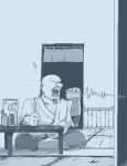 1boy bald barefoot bottle clenched_hand collarbone cross-section cup disposable_cup faceless faceless_male hamsterfragment hand_on_table hand_up holding holding_cup indoors jaggy_line male_focus monochrome noren open_mouth original pants shouting sitting solo string_phone table 