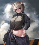  1girl absinthe_(arknights) absurdres animal_ear_fluff animal_ears arknights bag bangs bear_ears belt black_jacket breasts brown_hair chun_bae clothes_pull cloud cloudy_sky cowboy_shot earpiece groin highres jacket large_breasts long_sleeves looking_at_viewer navel open_mouth outdoors red_eyes short_hair short_ponytail shoulder_bag sky solo 