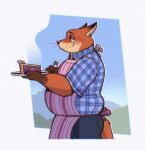 2024 anthro apron biped canid canine clothed clothing cutlery disney eating food fork fox fur gideon_grey half-closed_eyes hi_res holding_food holding_object kitchen_utensils love_handles male mammal narrowed_eyes nick_wilde orange_body orange_fur outside overweight overweight_anthro overweight_male pastry pattern_clothing pie plaid plaid_clothing smile solo soulfullhyena standing tools zootopia