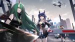  3girls animal_ears arknights armor beret black_footwear black_gloves black_headwear black_jacket black_legwear black_shorts blue_hair building car ch&#039;en_(arknights) chinese_commentary city commentary_request copyright_name dragon_horns drone fingerless_gloves gloves green_hair ground_vehicle hair_between_eyes hand_on_hip hannya_(arknights) hat highres holding holding_shield horns hoshiguma_(arknights) iris_yi jacket lips long_hair looking_at_viewer motor_vehicle multiple_girls necktie oni_horns open_clothes open_jacket orange_necktie outdoors profile red_eyes sheath sheathed shield shirt shorts single_horn skyscraper sleeveless swire_(arknights) sword tail thighhighs tiger_ears tiger_girl tiger_tail twintails walkie-talkie weapon weibo_username white_shirt yellow_eyes 