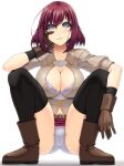  1girl abu black_legwear blue_eyes boots bra breasts brown_footwear brown_gloves brown_shirt cleavage closed_mouth full_body gloves hand_on_own_face large_breasts looking_at_viewer microskirt miria_(abu) original panties red_hair red_skirt shirt short_hair simple_background skirt solo squatting thighhighs underwear white_background white_bra white_panties 
