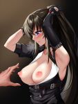 1girl absurdres arm_up armpits arms_up asymmetrical_gloves bangs belt black_choker black_gloves black_hair blush breasts breasts_outside buckle choker commentary_request counter_side disembodied_limb elbow_gloves elze_(s01047480836) gloves high_ponytail highres imminent_breast_grab korean_commentary large_breasts long_hair looking_down nipples no_bra open_clothes parted_lips puffy_nipples purple_eyes revision short_sleeves sidelocks single_sleeve solo_focus sweat underbust upper_body very_long_hair yoo_mina 