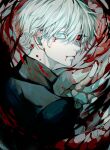  1boy absurdres bangs black_sclera black_shirt blood blood_from_mouth blood_on_face colored_sclera eyebrows_visible_through_hair from_behind from_side grey_eyes grey_hair hair_between_eyes hand_up heterochromia highres kagune_(tokyo_ghoul) kaneki_ken large_hands long_fingers looking_at_viewer looking_back male_focus pale_skin red_eyes shiny shiny_hair shirt short_hair solo tentacles tokyo_ghoul upper_body ura_take white_hair 