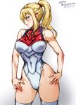  1girl artist_name bangs blonde_hair blue_eyes blush breasts dated large_breasts leotard long_hair looking_at_viewer metroid metroid_dread mina_cream mole mole_under_mouth ponytail samus_aran sidelocks simple_background skin_tight solo thighhighs 