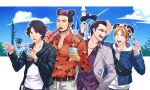  4boys :d animal_ears beard belt black_hair blonde_hair blue_jacket bow chain day drinking_straw eating facial_hair fake_animal_ears fanny_pack gold_chain grey_suit hand_in_pocket higashi_tooru jacket judge_eyes kaito_masaharu lamppost md5_mismatch mickey_mouse_ears multiple_boys nashigawa open_mouth orange_shirt pink_bow purple_shirt shirt smile sugiura_fumiya sweatdrop white_shirt yagami_takayuki 