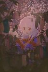  1girl absurdres blush floral_print_kimono fukui hair_ribbon highres hoshizora_no_memoria leaf long_sleeves one_side_up open_mouth orange_eyes ototsu_yume red_ribbon ribbon solo tanabata tanzaku tying white_hair wide_sleeves 