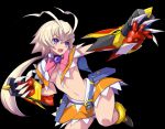  1girl :d akaga_hirotaka amanohara_minori antenna_hair arcana_heart arcana_heart_3 belt black_background blonde_hair blue_belt bow bowtie breasts brooch capelet cowboy_shot gauntlets jewelry long_hair looking_away medium_breasts navel official_art open_mouth orange_skirt pink_bow ponytail purple_eyes revealing_clothes shiny shiny_hair skirt smile solo standing standing_on_one_leg underboob white_capelet 