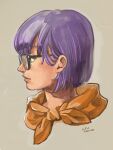  1girl blue_eyes chrono_trigger commentary face from_side glasses highres looking_to_the_side lucca_ashtear parted_lips profile purple_hair scarf short_hair simple_background solo twitter_username uzutanco 