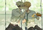  2boys belt black_pants blonde_hair blue_eyes can closed_eyes couple day earrings hanagaki_takemichi hand_on_another&#039;s_cheek hand_on_another&#039;s_face highres holding holding_can jewelry kiss male_focus matsuno_chifuyu multiple_boys necktie outdoors pants ppocky9 school_uniform shirt short_hair sitting soda_can surprise_kiss surprised swing swing_set tokyo_revengers undercut white_shirt yaoi 