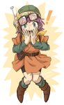  ! 1girl belt bike_shorts blue_eyes boots chrono_trigger full_body glasses helmet looking_at_viewer lucca_ashtear open_mouth purple_hair sayoyonsayoyo scarf short_hair solo 