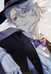  1boy artist_name azul_ashengrotto bangs black_jacket blue_eyes bow bowtie closed_mouth coat coat_on_shoulders formal glasses gloves hat hat_ribbon jacket looking_away male_focus mole mole_under_mouth purple_bow purple_bowtie ribbon shinsuke_(moccori) shirt short_hair silver_hair solo twisted_wonderland upper_body white_background white_gloves white_shirt 