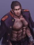  1boy abs bandaged_hand bandages bara bare_pectorals beard black_hair black_pants blood blood_on_face blue_jacket buttons buzz_cut chest_hair facial_hair feet_out_of_frame golden_kamuy jacket jacket_on_shoulders large_pectorals looking_up male_focus mature_male muscular muscular_male navel navel_hair nipples nopinzo nosebleed open_clothes open_jacket pants pectorals short_hair solo stomach tanigaki_genjirou thick_eyebrows very_short_hair 