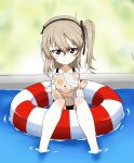  1girl afloat bandages bangs black_ribbon black_swimsuit boko_(girls_und_panzer) brown_eyes closed_mouth commentary day derivative_work eyebrows_visible_through_hair girls_und_panzer hair_ribbon holding holding_stuffed_toy innertube kayabakoro light_brown_hair long_hair looking_at_viewer one-piece_swimsuit one_side_up outdoors ribbon shimada_arisu sitting smile solo stuffed_animal stuffed_toy swimsuit teddy_bear water 