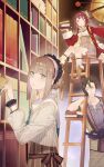  1boy 2girls atelier_(series) atelier_firis atelier_resleriana black_gloves book book_stack bookshelf brown_eyes brown_hair closed_mouth coat facial_hair frilled_sleeves frills gloves green_eyes green_hair hair_bun headscarf highres holding holding_book indoors jewelry ladder long_hair long_sleeves looking_at_viewer multiple_girls necklace noco_(adamas) non-web_source norbert_classen official_art open_mouth purple_shirt red_coat red_hair red_skirt ren_breitner sanpaku shirt short_hair sidelocks sitting skirt sophie_neuenmuller standing stubble 