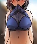  1girl bangs bikini black_hair blue_bikini blurry blurry_background blush breasts cleavage covered_nipples dated hair_between_eyes head_out_of_frame jingei_(kancolle) kantai_collection kirisawa_juuzou large_breasts mouth_hold navel shirt_in_mouth signature simple_background solo swimsuit teeth upper_teeth 