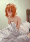  1boy 1girl after_sex awake bed_sheet black_hair blue_eyes blush breasts commentary covering covering_breasts go-toubun_no_hanayome hair_between_eyes hetero highres large_breasts memidesuyo messy_hair nakano_yotsuba naked_sheet nude nude_cover on_bed orange_hair out_of_frame pillow short_hair sitting sleeping sweatdrop symbol-only_commentary uesugi_fuutarou 