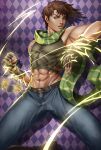  1boy abs ass_visible_through_thighs bare_shoulders battle_tendency belt brown_hair commentary crop_top denim fingerless_gloves gloves green_scarf hand_up highres jojo_no_kimyou_na_bouken joseph_joestar joseph_joestar_(young) looking_at_viewer male_focus midriff mixed-language_commentary muscular muscular_male navel pants pose purple_eyes scarf short_hair sirenlin sleeveless smile solo tank_top thick_thighs thighs 