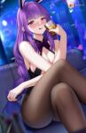  1girl :q absurdres alcohol black_legwear blue_hair bow bowtie braid braided_ponytail breasts crossed_legs cup drinking_glass genshin_impact heart heart-shaped_pupils highres holding holding_cup hong_bai large_breasts long_hair looking_at_viewer multicolored_hair pantyhose purple_bow purple_bowtie purple_eyes purple_hair raiden_shogun sitting solo symbol-shaped_pupils tongue tongue_out two-tone_hair very_long_hair 