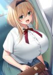  1girl bangs blonde_hair blush breasts commentary_request green_eyes highres huge_breasts looking_at_viewer open_mouth original shirt sitting skirt suzuki_nene tongue train_interior white_shirt 