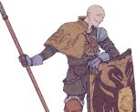  1boy armor bald commentary_request dark_souls_(series) dark_souls_i fur_trim gloves holding holding_weapon male_focus partial_commentary patches_the_hyena polearm shield smile spear weapon y_(chos) 