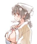  1girl bandana bangs blush braid breasts brown_shawl dated hair_between_eyes hair_flaps hair_ornament hand_on_own_chest jingei_(kancolle) kantai_collection kirisawa_juuzou large_breasts parted_lips red_eyes shawl sideboob signature simple_background single_braid sketch solo upper_body white_background 