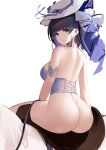  1girl an_yasuri ass azur_lane banned_artist blue_corset blue_eyes blue_hair bow breasts cheshire_(azur_lane) corset cowboy_shot eyebrows_visible_through_hair from_behind hair_bow hat highres large_breasts looking_at_viewer looking_back multicolored_hair purple_bow purple_hair simple_background sitting smile streaked_hair thighs white_background white_headwear 