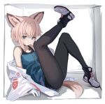  1girl absurdres ahoge animal_ears arknights black_footwear black_legwear blue_eyes blue_shirt box brown_hair commentary eyebrows_visible_through_hair fox_ears fox_girl fox_tail full_body gloves highres in_box in_container jacket leg_up light_blush looking_at_viewer off_shoulder open_clothes open_jacket oripathy_lesion_(arknights) pantyhose shirt shoa_tksm shoes solo sussurro_(arknights) symbol-only_commentary tail two-tone_footwear white_footwear white_gloves white_jacket zipper zipper_pull_tab 