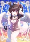  1girl ;d ahoge animal_ears bangs bare_arms bare_shoulders bell black_hair blurry blurry_background bow breasts brown_eyes choker cleavage_cutout clothing_cutout commentary_request commission depth_of_field eyebrows_visible_through_hair fang feathered_wings furry furry_female grey_leotard hair_between_eyes hair_bow heart_cutout horn_ornament horns jingle_bell kou_hiyoyo leotard long_hair medium_breasts neck_bell one_eye_closed open_mouth original pink_choker ponytail skeb_commission smile solo tail white_bow white_wings wings 