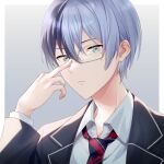  1boy aoyagi_touya bangs black_hair blue_hair glasses grey_eyes hood hooded_jacket jacket looking_at_viewer male_focus multicolored_hair necktie offtoon12 project_sekai shirt short_hair split-color_hair two-tone_hair 