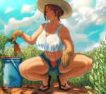 1girl absurdres bare_legs black_footwear blue_sky breasts brown_gloves bucket carrot cloud cloudy_sky covered_nipples crop_top day denim denim_shorts flip-flops food gloves hachijuu hat highres large_breasts looking_at_viewer mature_female midriff open_fly orange_panties original outdoors panties planting red_eyes sandals see-through short_shorts shorts sky squatting straw_hat sun_hat sweat thighs underwear vegetable wet wet_clothes 